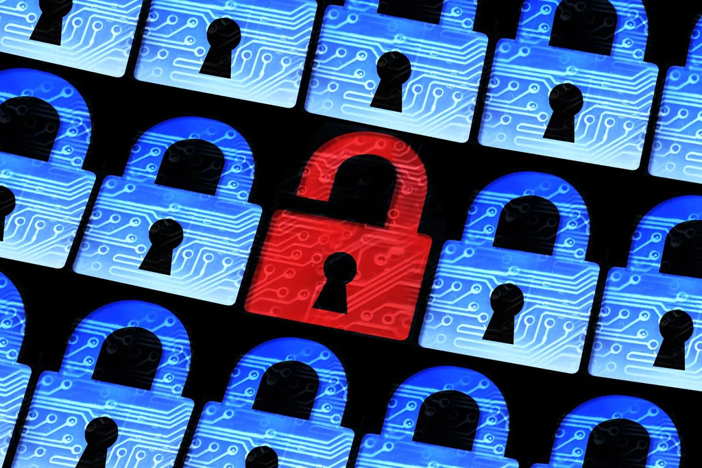 încuietori albastre toate într-o linie apoi un singur lacăt roșu în centru