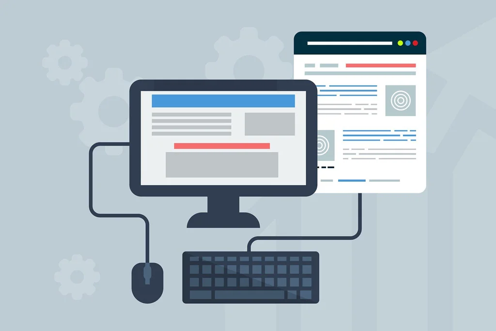 Grafica del mouse e della tastiera di un computer con un sito Web aperto sullo schermo del computer