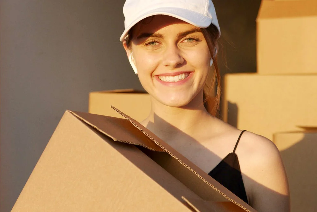 Persoană care zâmbește ținând o cutie de carton