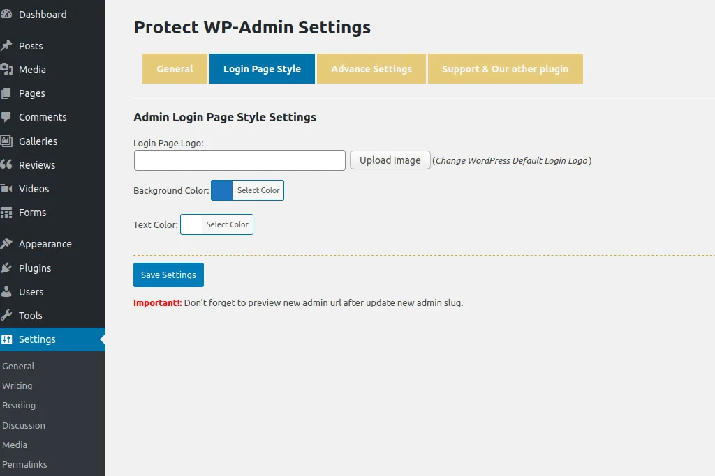 Schermata delle impostazioni dell'amministratore di Wordpress