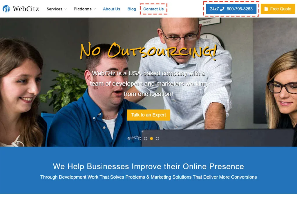 WebCitz Informazioni di contatto e pulsanti evidenziati