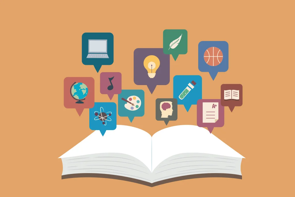 grafica di un libro aperto con piccole icone che escono dal libro