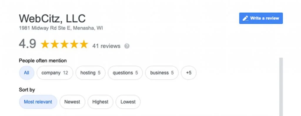 Pagina delle recensioni di WebCitz su Google