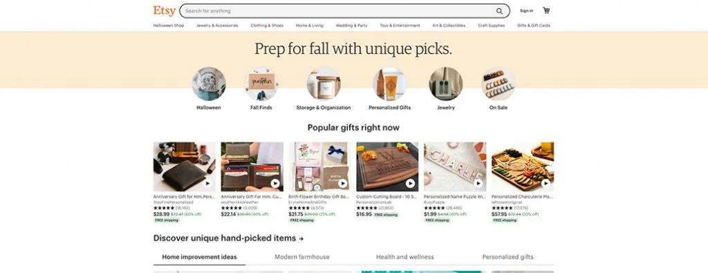 Pagina iniziale di Etsy