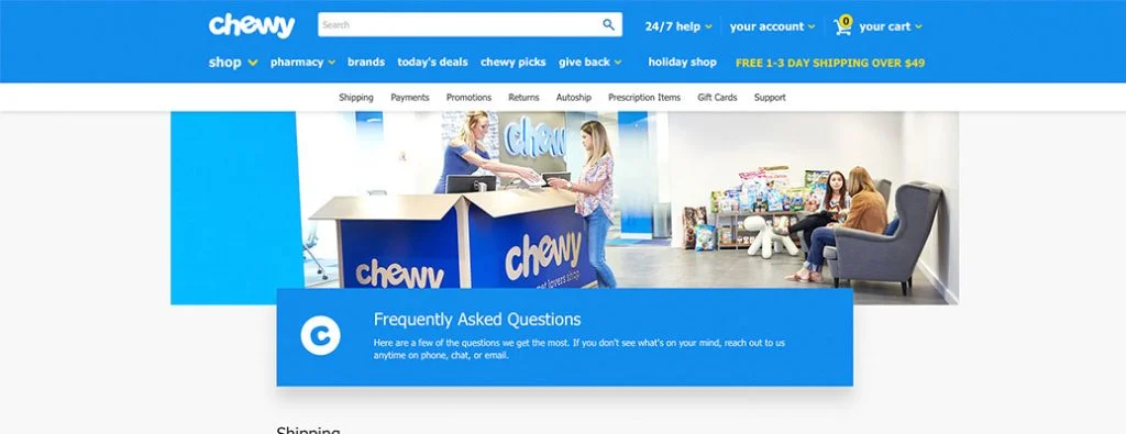 Page FAQ de Chewy