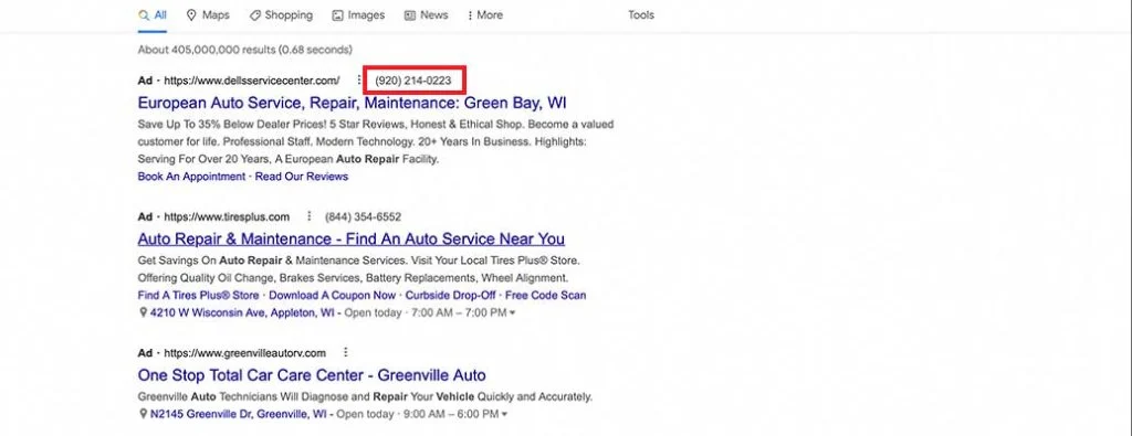 exemplo de extensões de anúncio de chamada automatizada