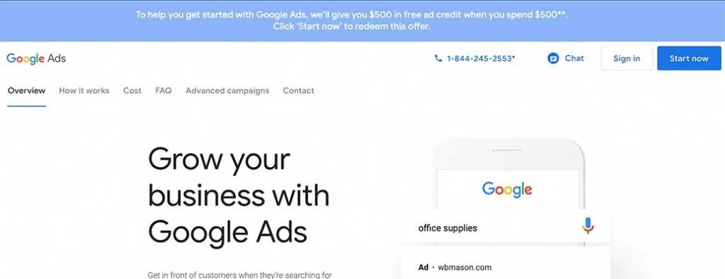 Página inicial do Google Ads