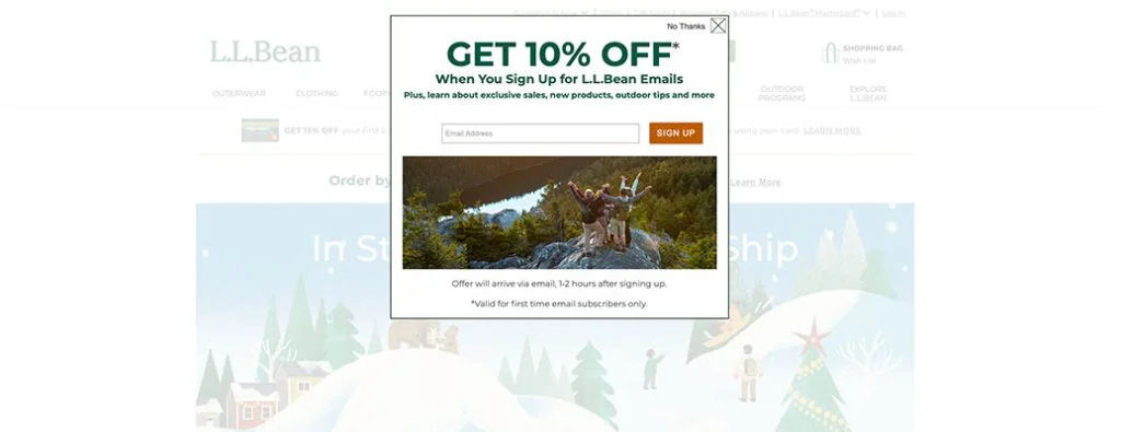 L.L. Bean 彈出歡迎廣告