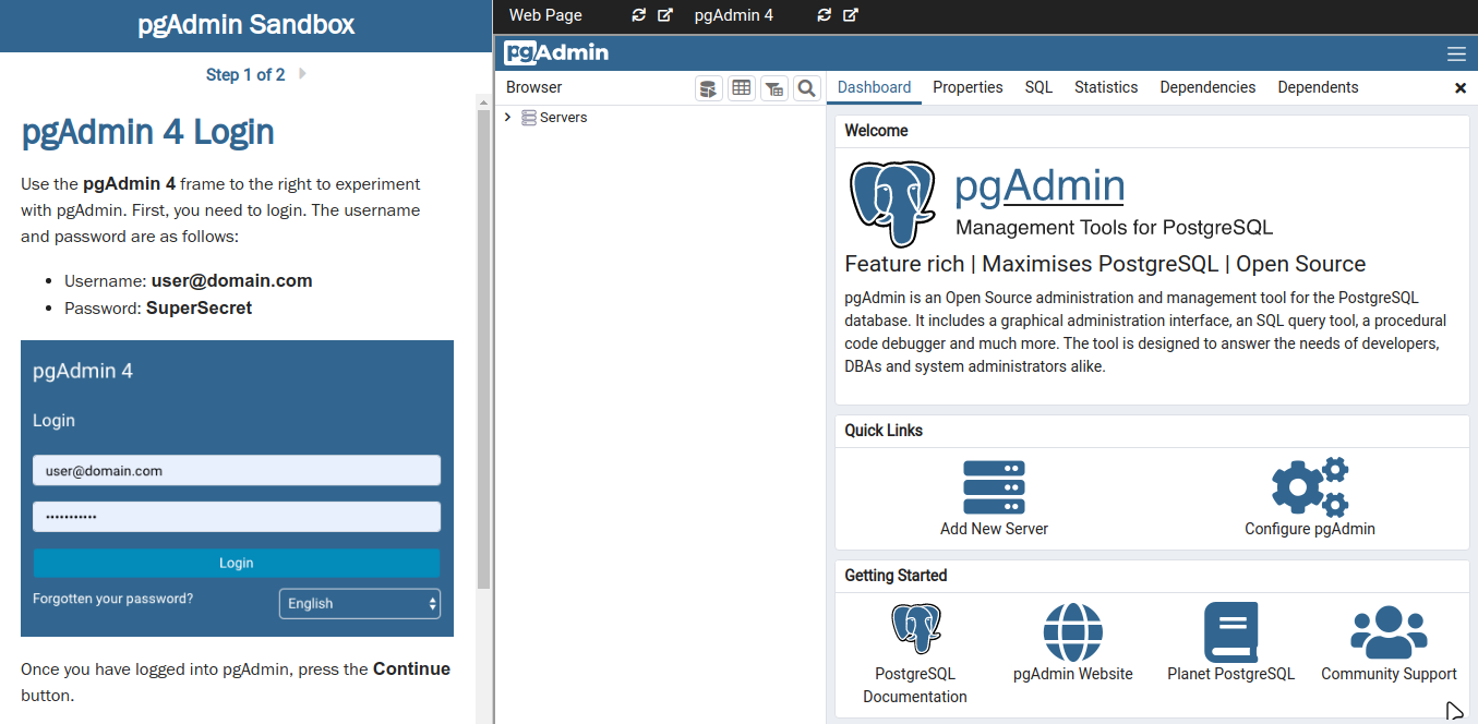 PgAdmin 试用页面