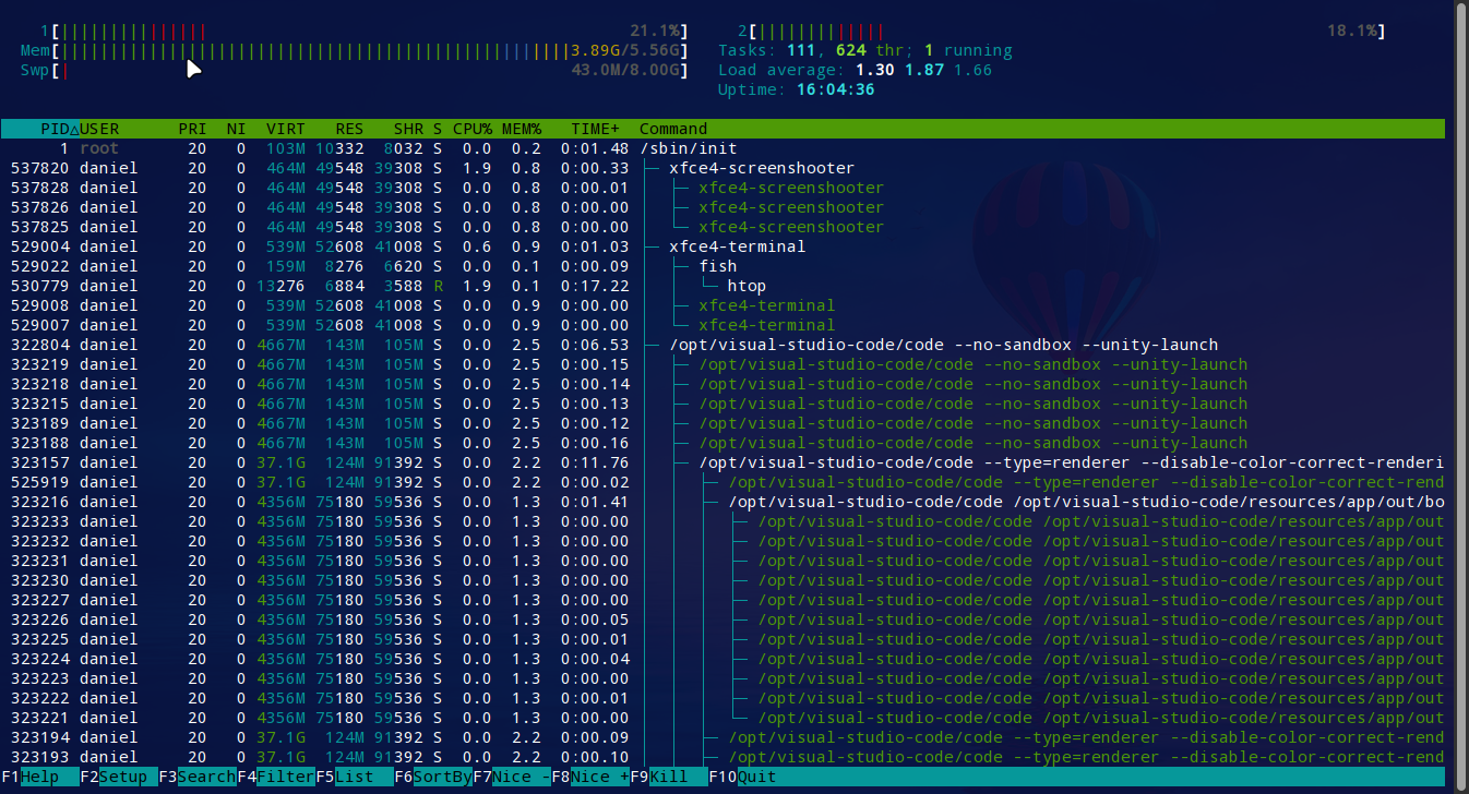 Visionneuse de processus Htop
