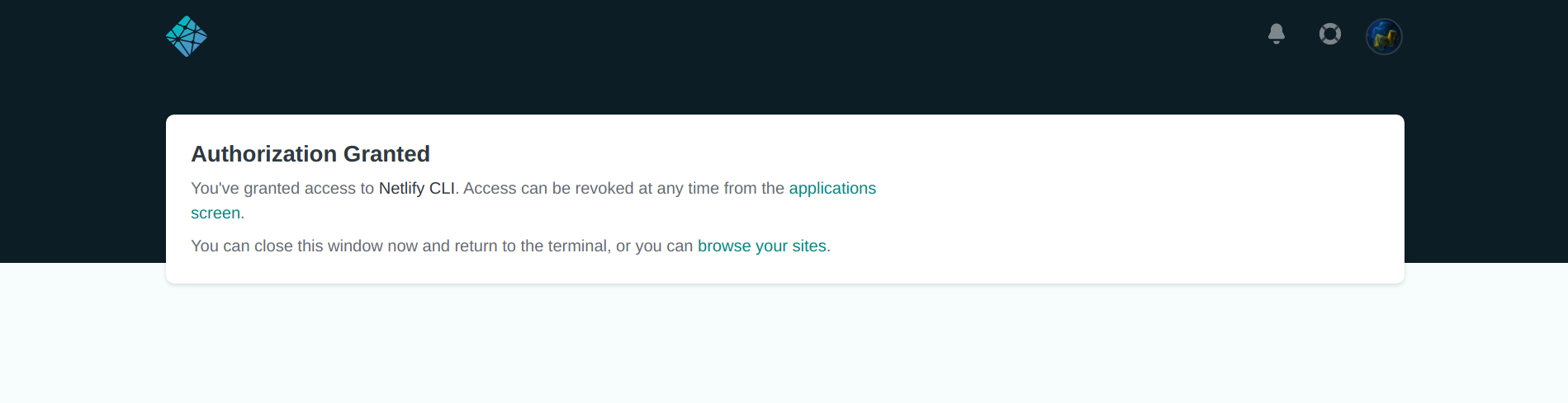 Netlify CLI Otorisasi Sukses