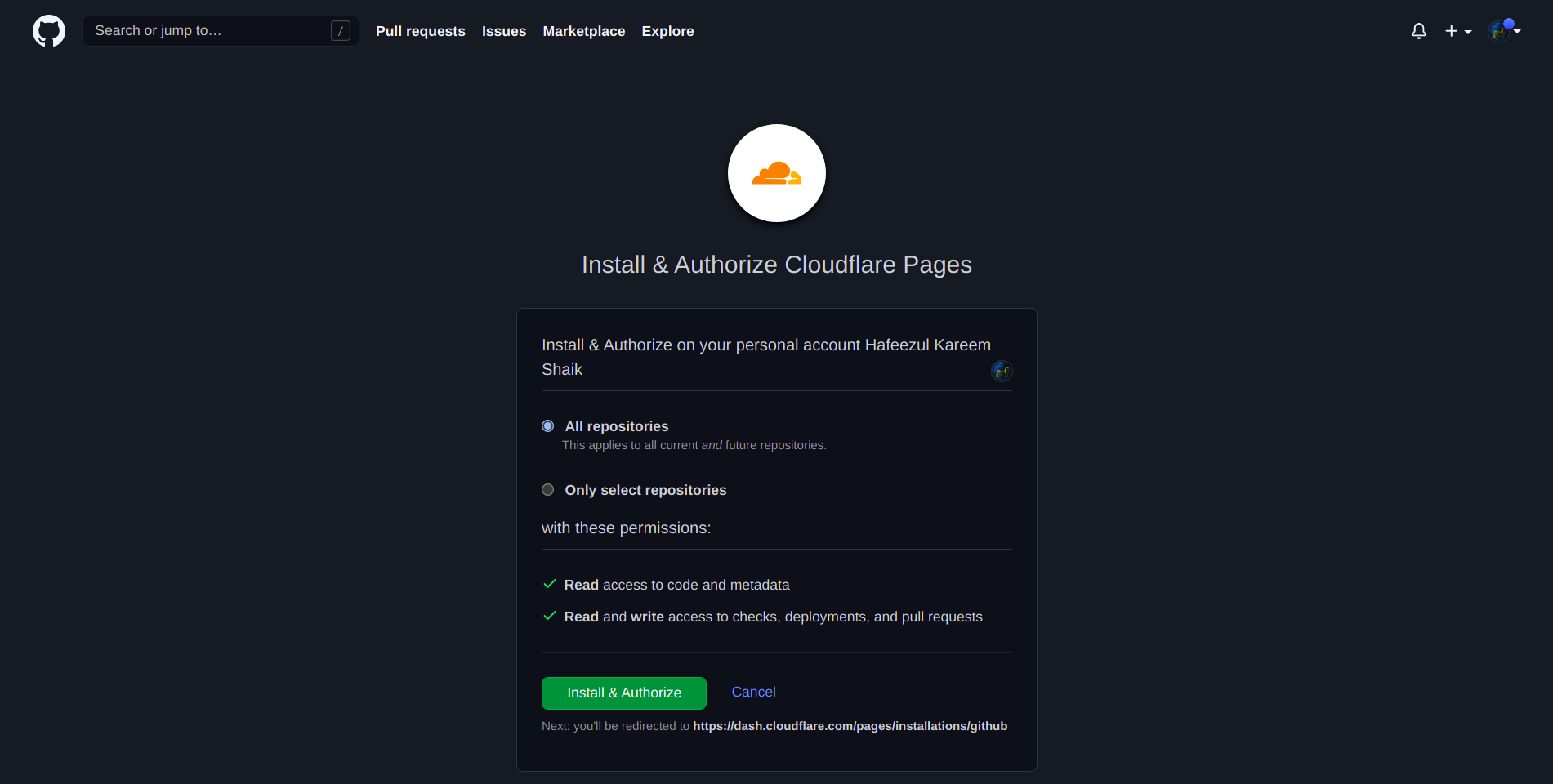 Autorisation des pages GitHub Cloudflare