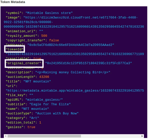 métadonnées de jeton nft