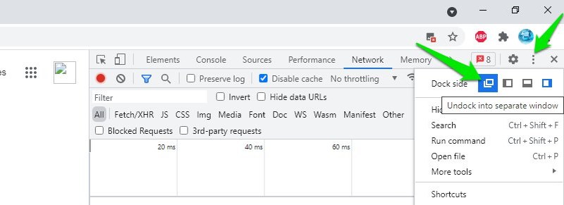 otwórz narzędzia programistyczne w osobnym oknie