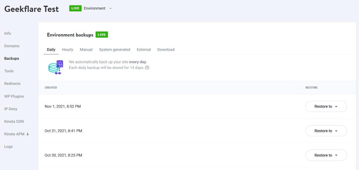 การสำรองข้อมูล kinsta