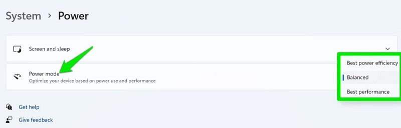 在 Windows 11 中选择电源模式