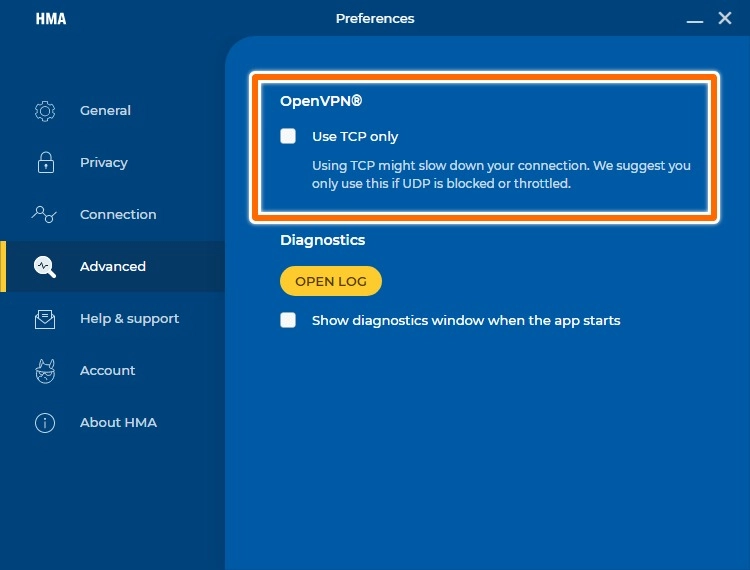 HMA VPN: opsi lanjutan