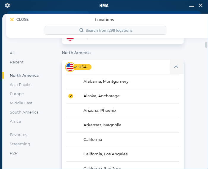 menghubungkan ke server lain-HMA VPN