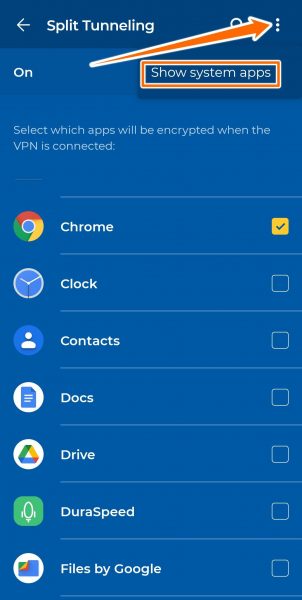 split tunneling- pilih aplikasi sistem di HMA VPN android