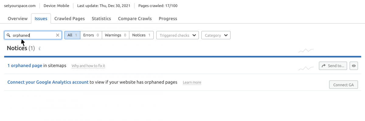 faceți clic pe probleme și tastați orfan în bara de căutare