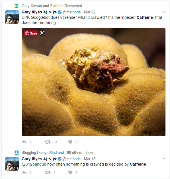 Tweets de Gary Illyes sur la caféine