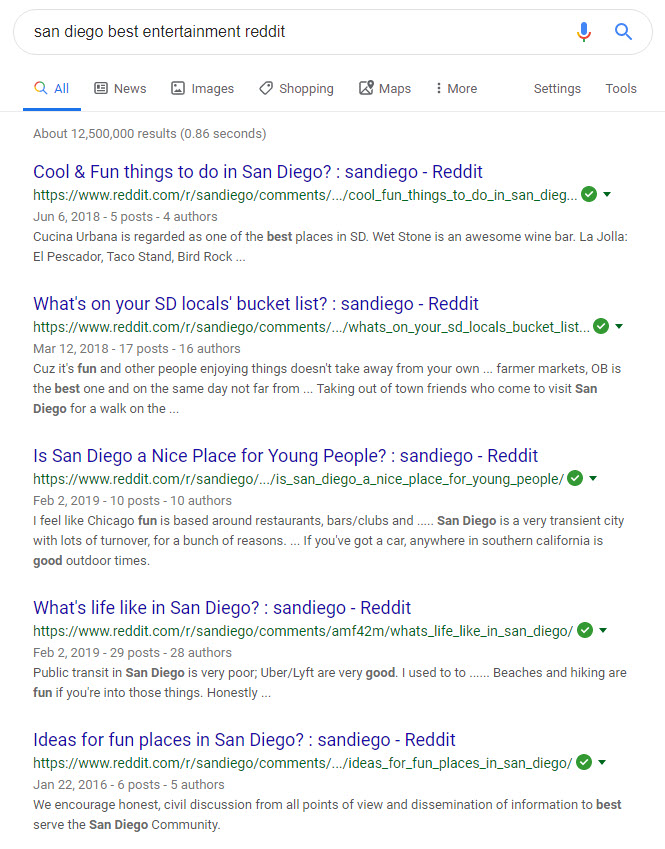 Benutzergenerierte Inhaltssuchergebnisse von Reddit