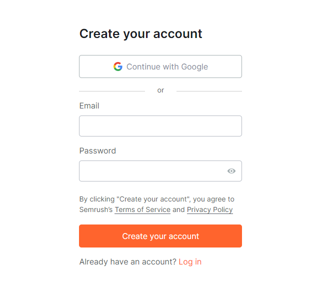Tangkapan layar masuk Semrush