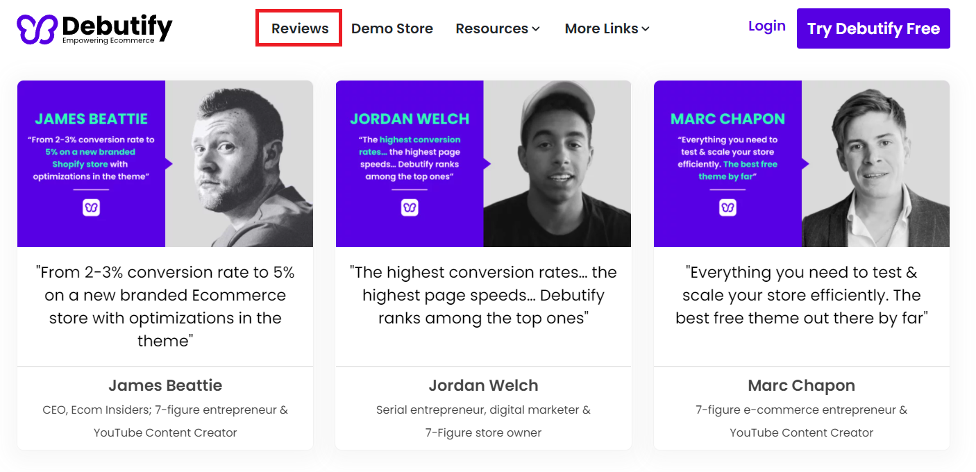 Debutify 的評論頁面