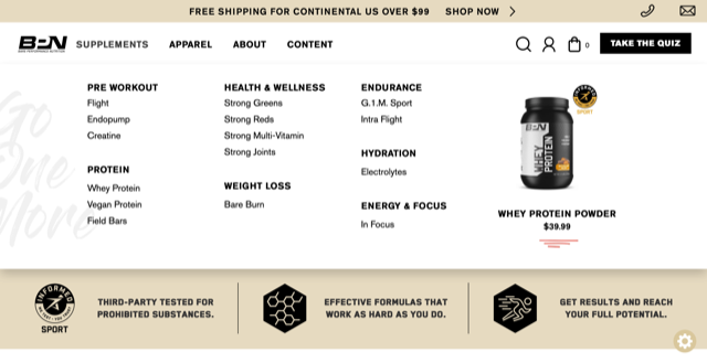 esempio di contenuto personalizzato - Menu Bare Performance Nutrition