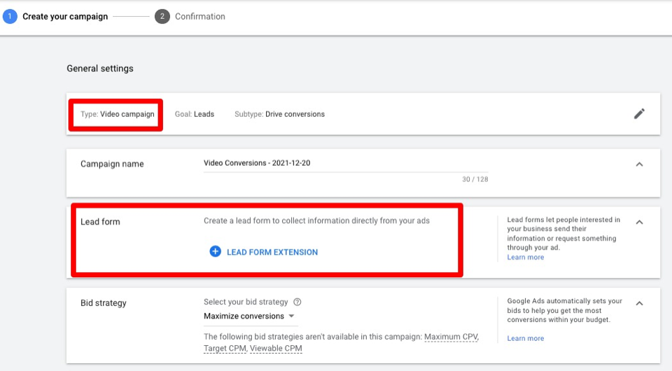 una pagina di estensione modulo per i lead di Google Ads per creare una nuova campagna