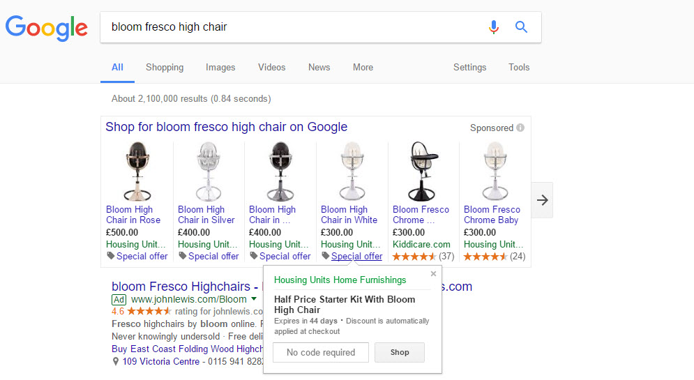 مثال ترويج التاجر على نتائج بحث Google