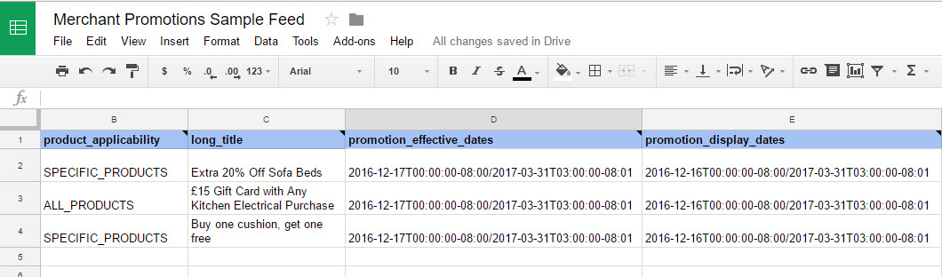 نموذج الخلاصة الترويجية لتاجر جداول بيانات Google