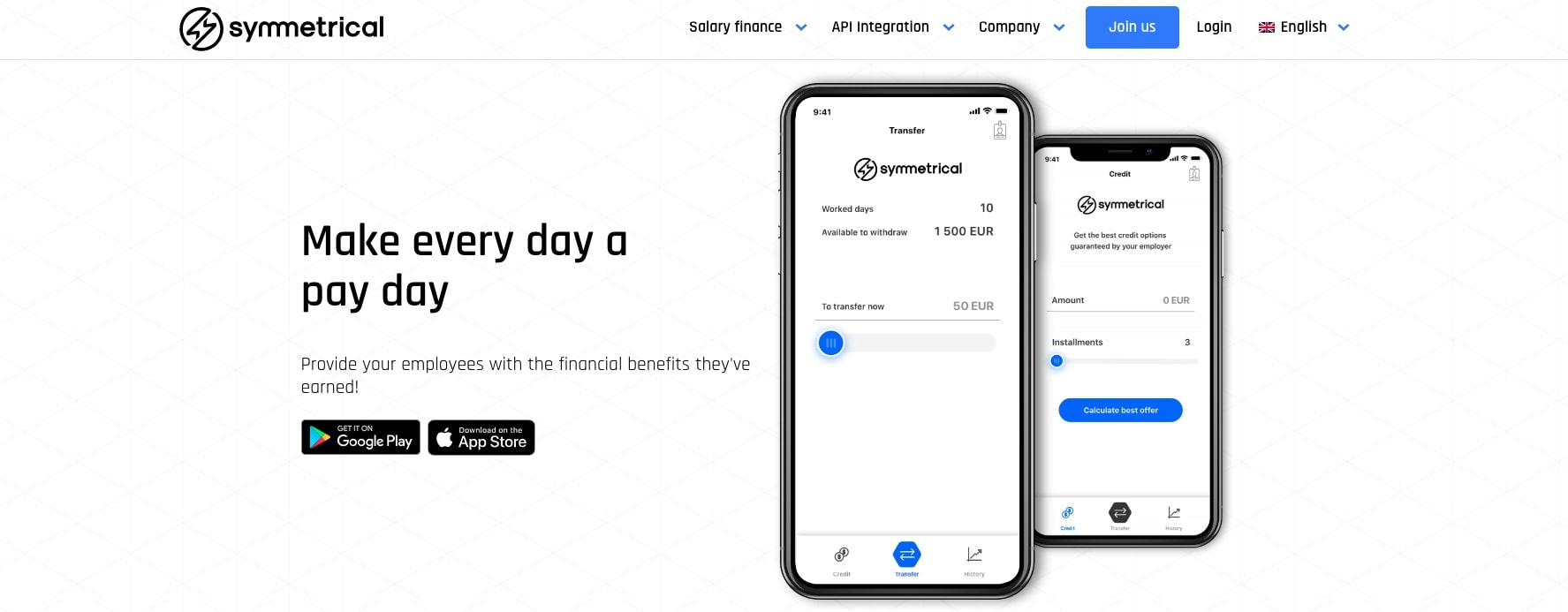 対称的なFinTechWebサイトのホームページ