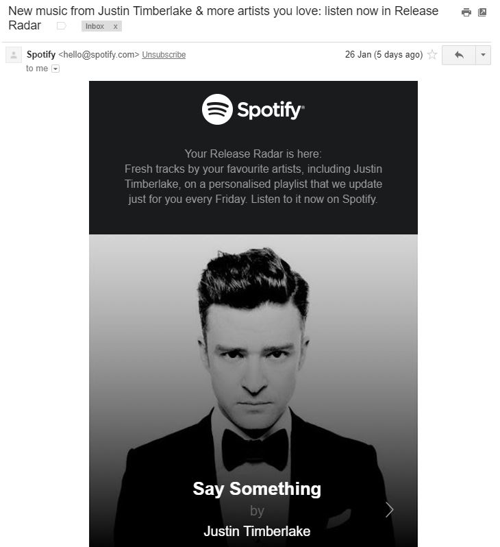 Przykład personalizacji Spotify do marketingu e-mailowego