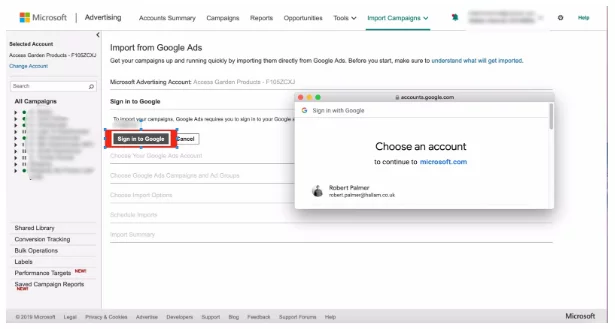 اختر Microsoft Advertising حساب Google