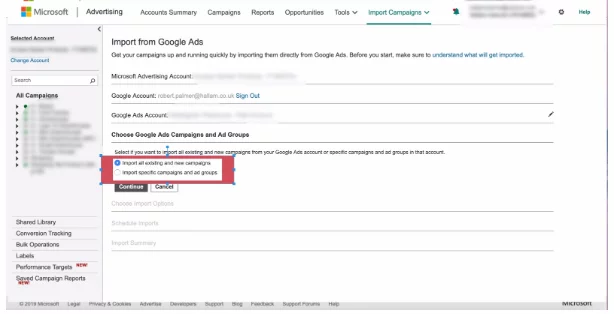 استيراد حملة Microsoft Advertising