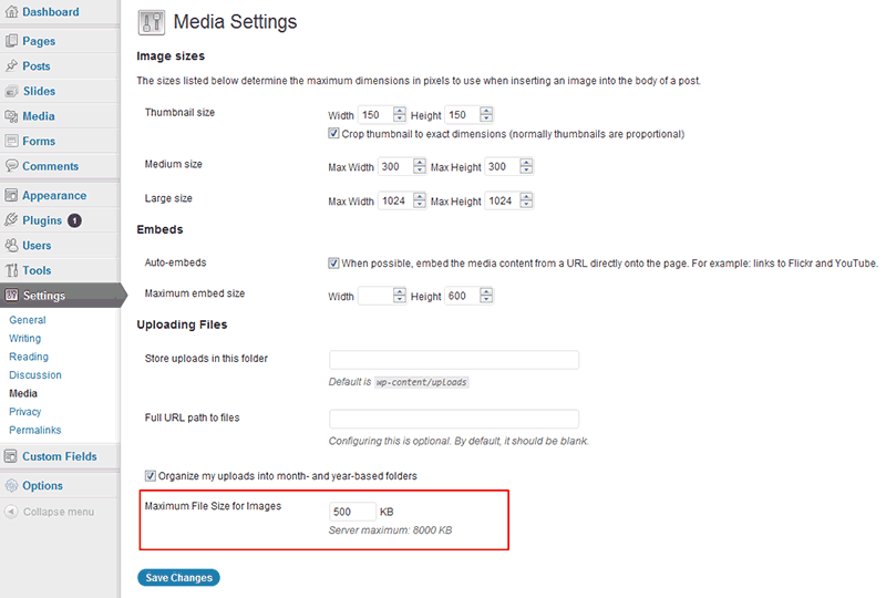 WordPress оптимизирует настройки размера загрузки изображений