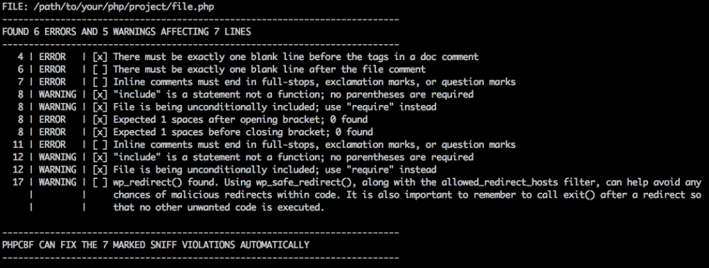 Raport PHP Codesniffer