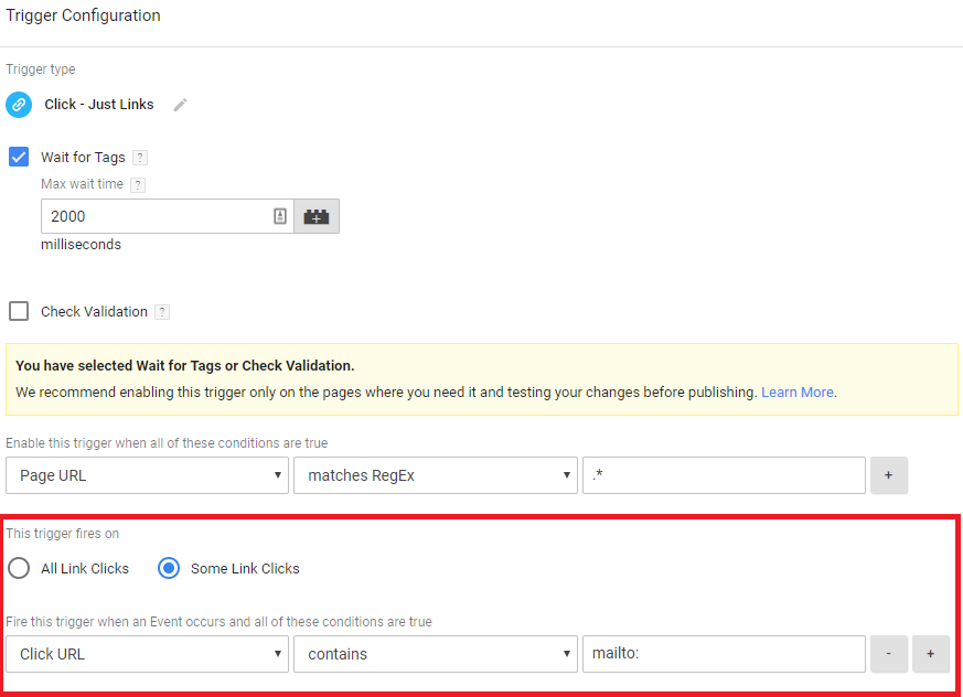 menedżer tagów - konfiguracja wyzwalacza dla kliknięć linków mailto, które prowadzą do celu