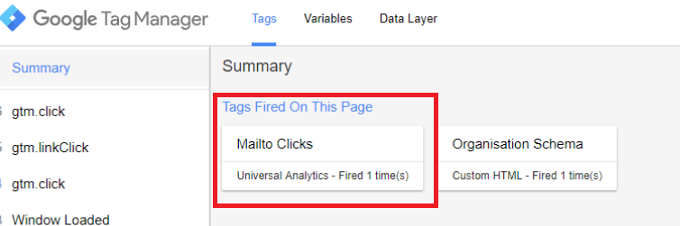 Menedżer tagów - tryb podglądu i debugowania, aby sprawdzić, czy kliknięcia linków mailto działają