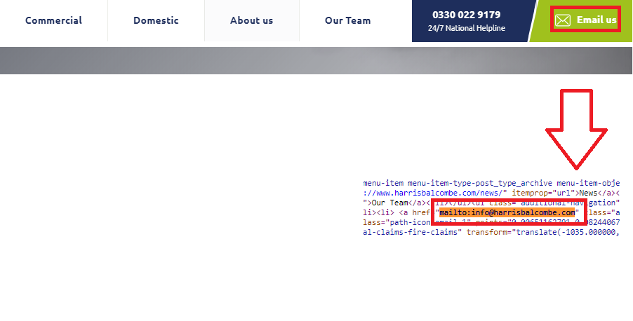 gdzie znaleźć e-mail do linku w kodzie strony internetowej - ten obraz pokazuje link na stronie, tak jak jest on normalnie oglądany, a także kod źródłowy