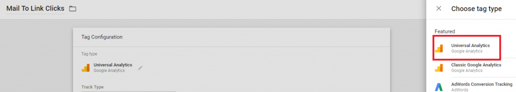 menedżer tagów - wybór typu tagu do śledzenia poczty do kliknięć linków - wybierz analitykę uniwersalną