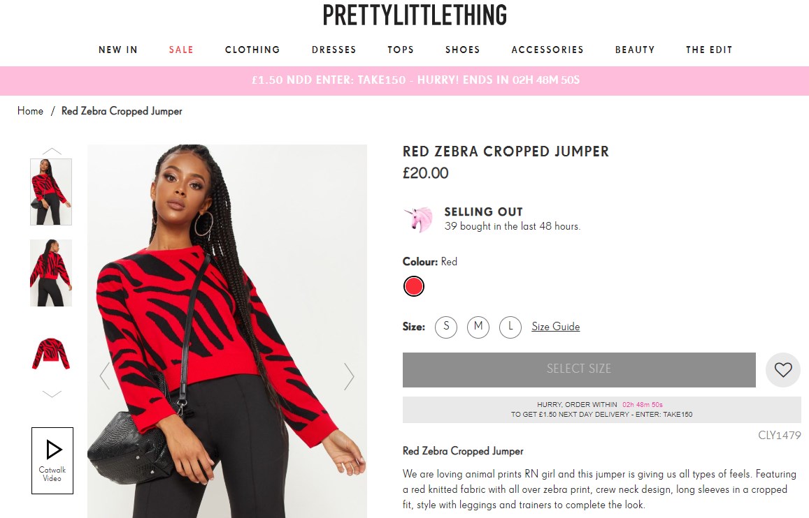 O site da Pretty Little Thing contém imagens fortes de produtos