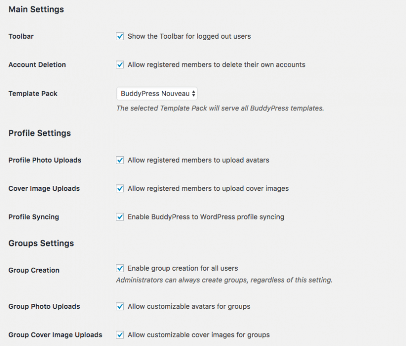 Opções do BuddyPress