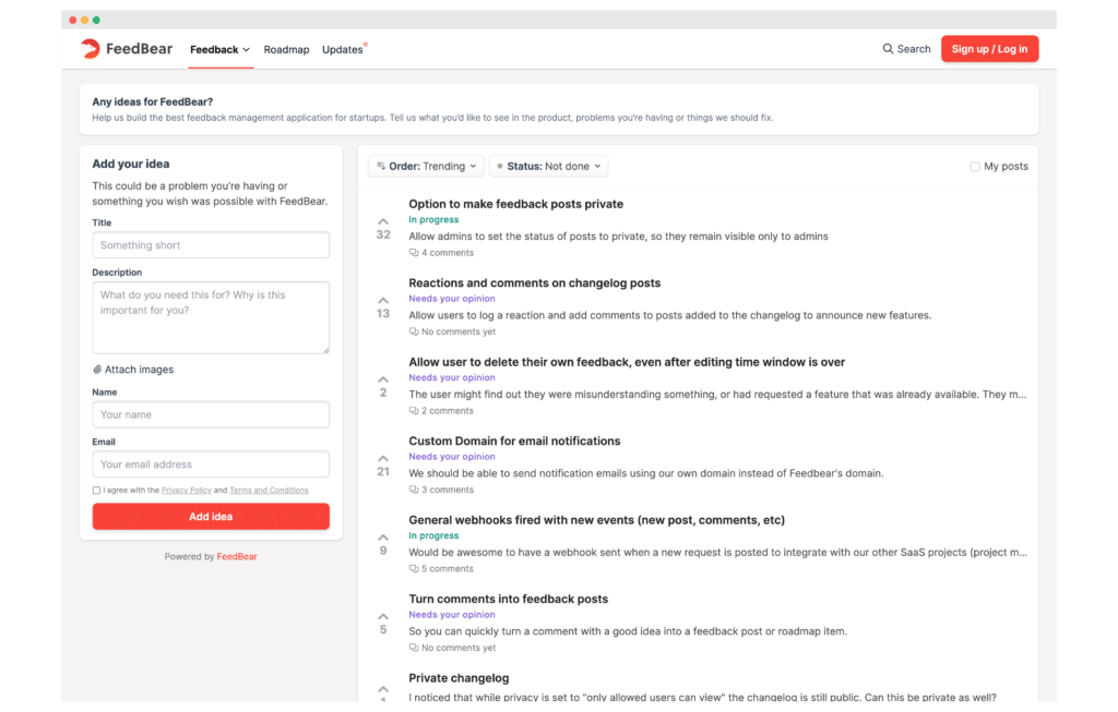 UserVoice의 권장 대안인 FeedBear