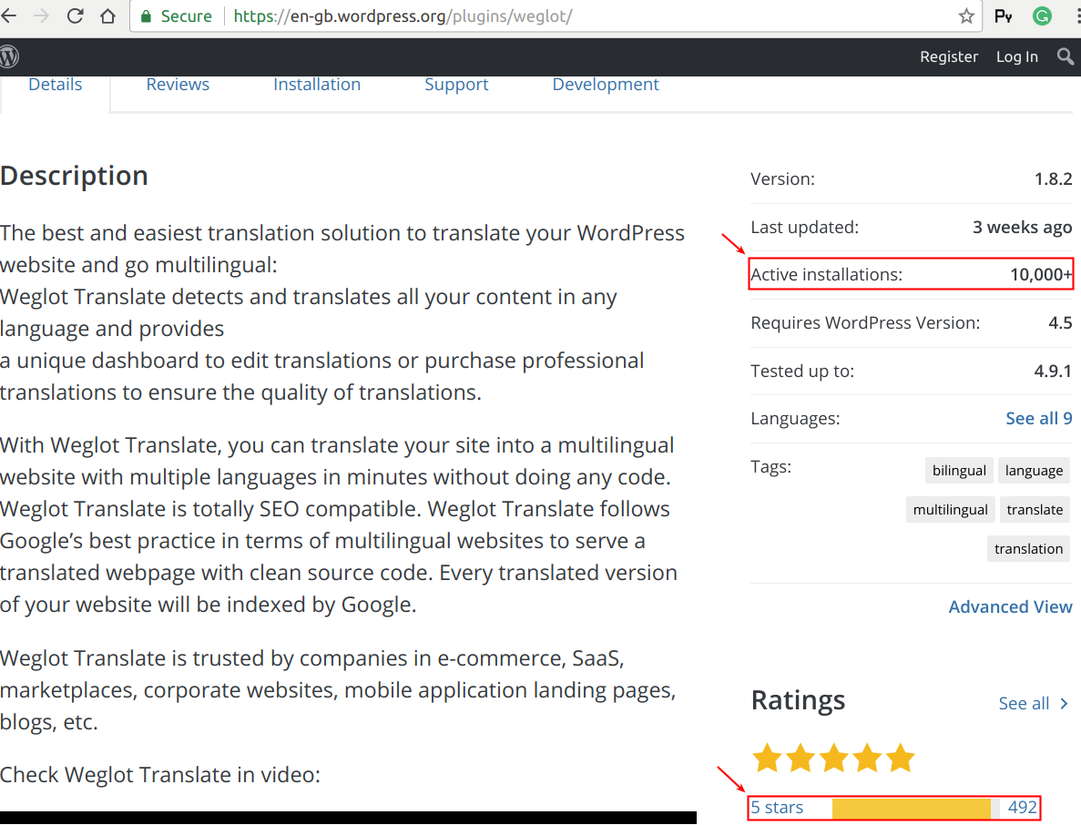 statistik untuk instalasi dan peringkat plugin weglot