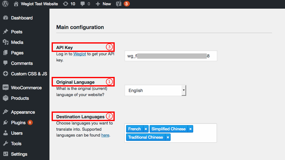 pilih bahasa asli, bahasa tujuan dan tambahkan kunci api Anda