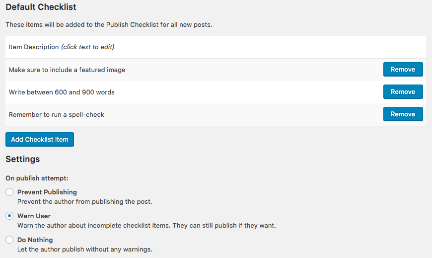 pengaturan daftar periksa posting pra-publikasikan