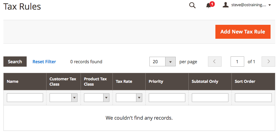 Bildschirm mit Magento-Steuerregeln