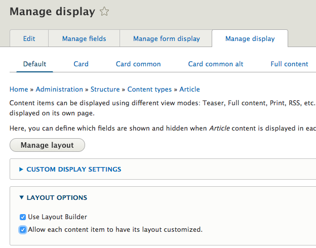 Options de mise en page Drupal dans Drupal 8.6